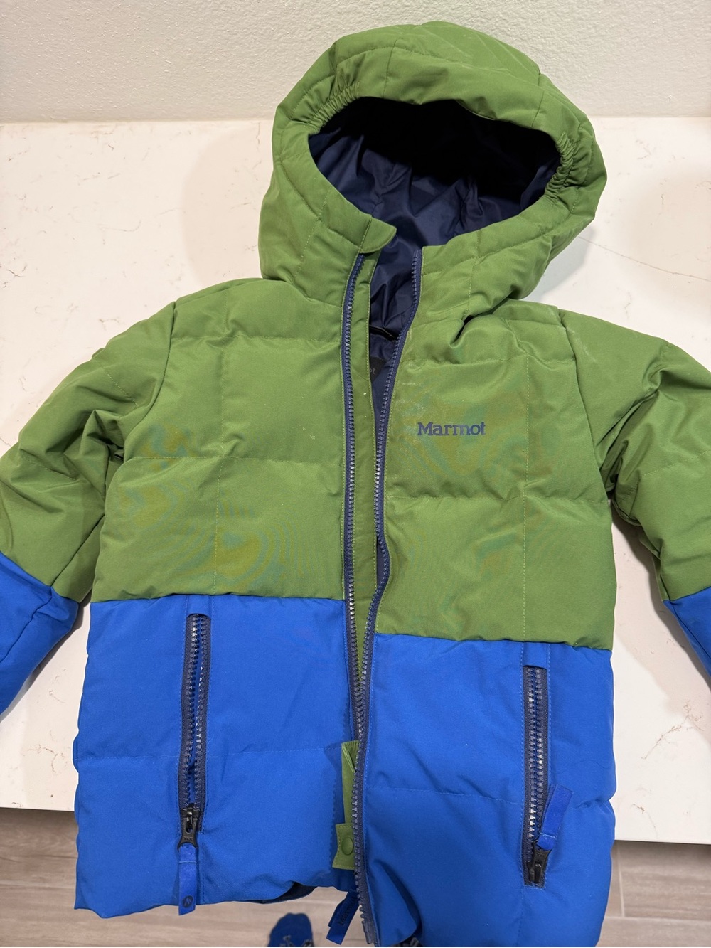Marmot Green and Blue Hooded Kids Puffer Jacket